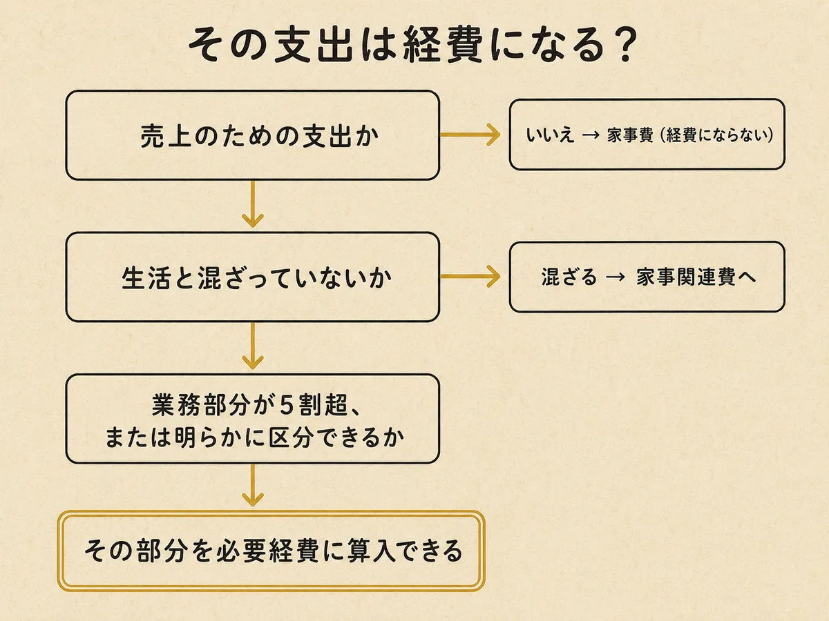 個人事業主の支出が必要経費になるかを判定する3段階のフロー図。「売上のための支出か」「生活と混ざっていないか」「業務部分が5割超、または明らかに区分できるか」を順に判定し、該当部分を必要経費に算入できることを示す
