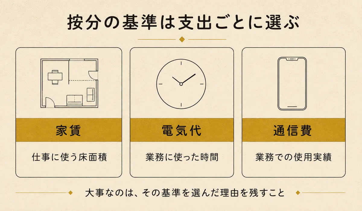 個人事業主の家事関連費を按分する基準の例。家賃は仕事に使う床面積、電気代は業務に使った時間、通信費は業務での使用実績で按分することを示した3列の図